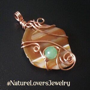 Sleek Copper Wire Wrap! Banded Agate + Green Aventurine Pendant - Casual Chic!